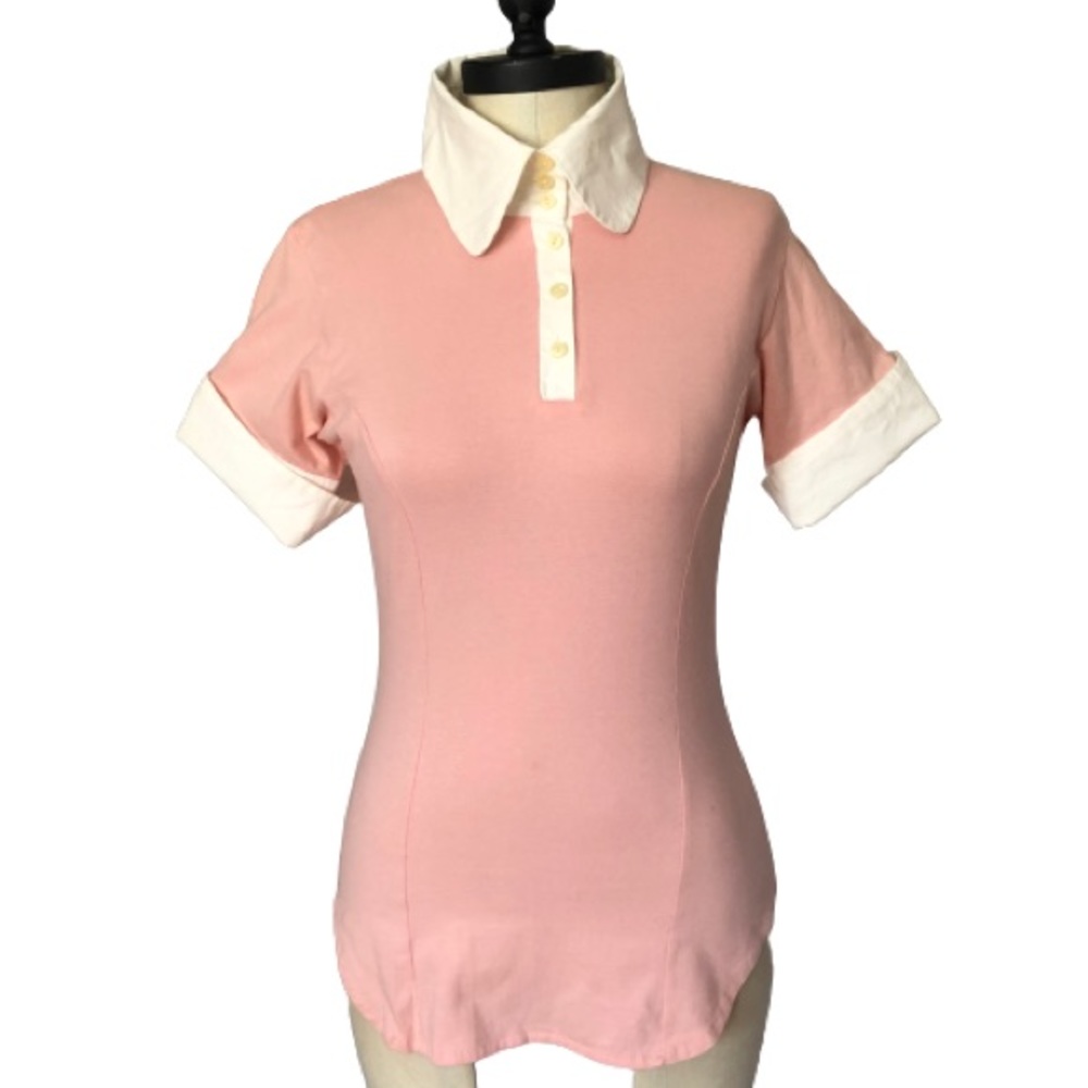 Vtg Academia Shell Pink Contrast Collar French Cuff Stretch Knit Top XS/S